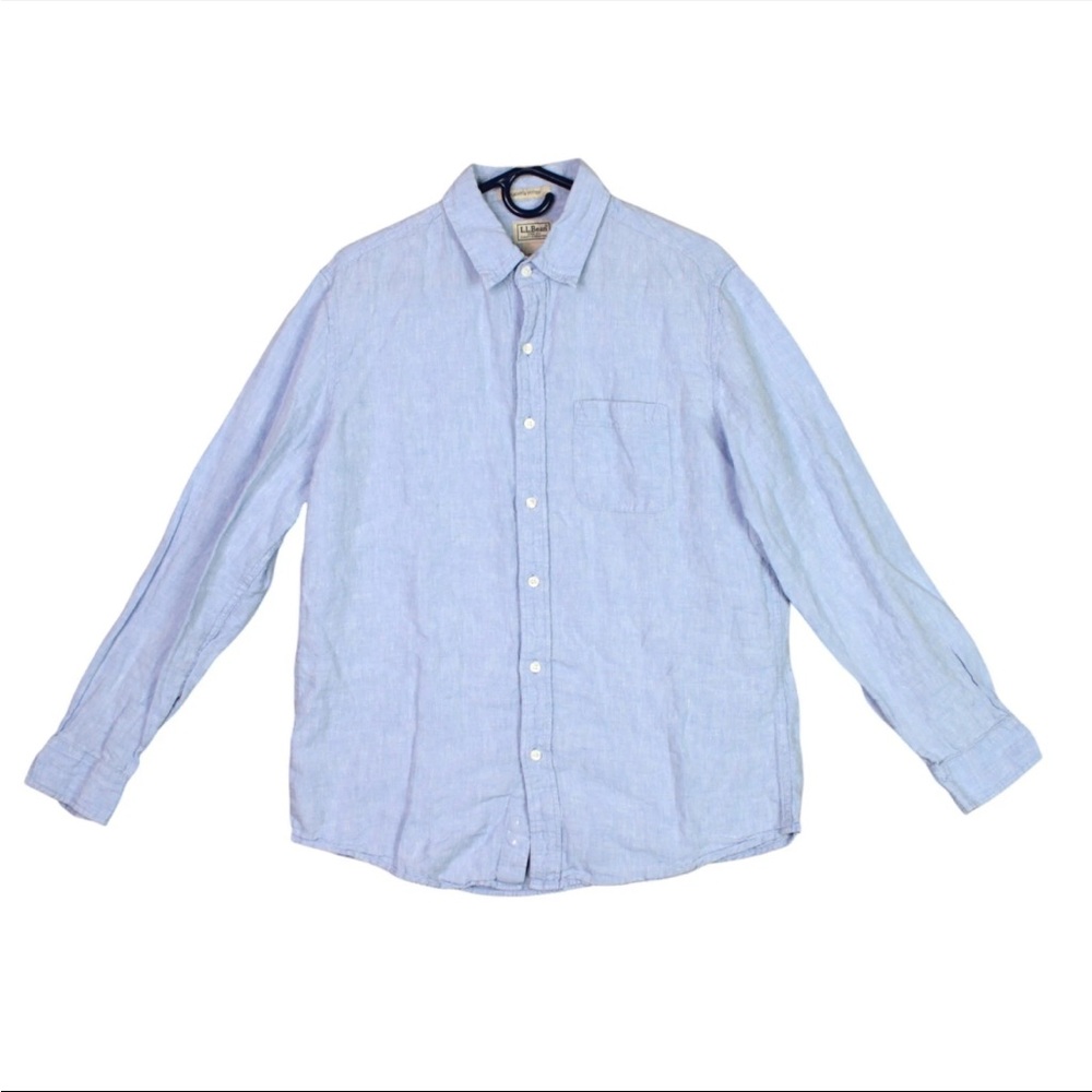 LL BEAN Shirt Men M 100% Linen Fitted Button Up Long Sleeve Blue Lightweight